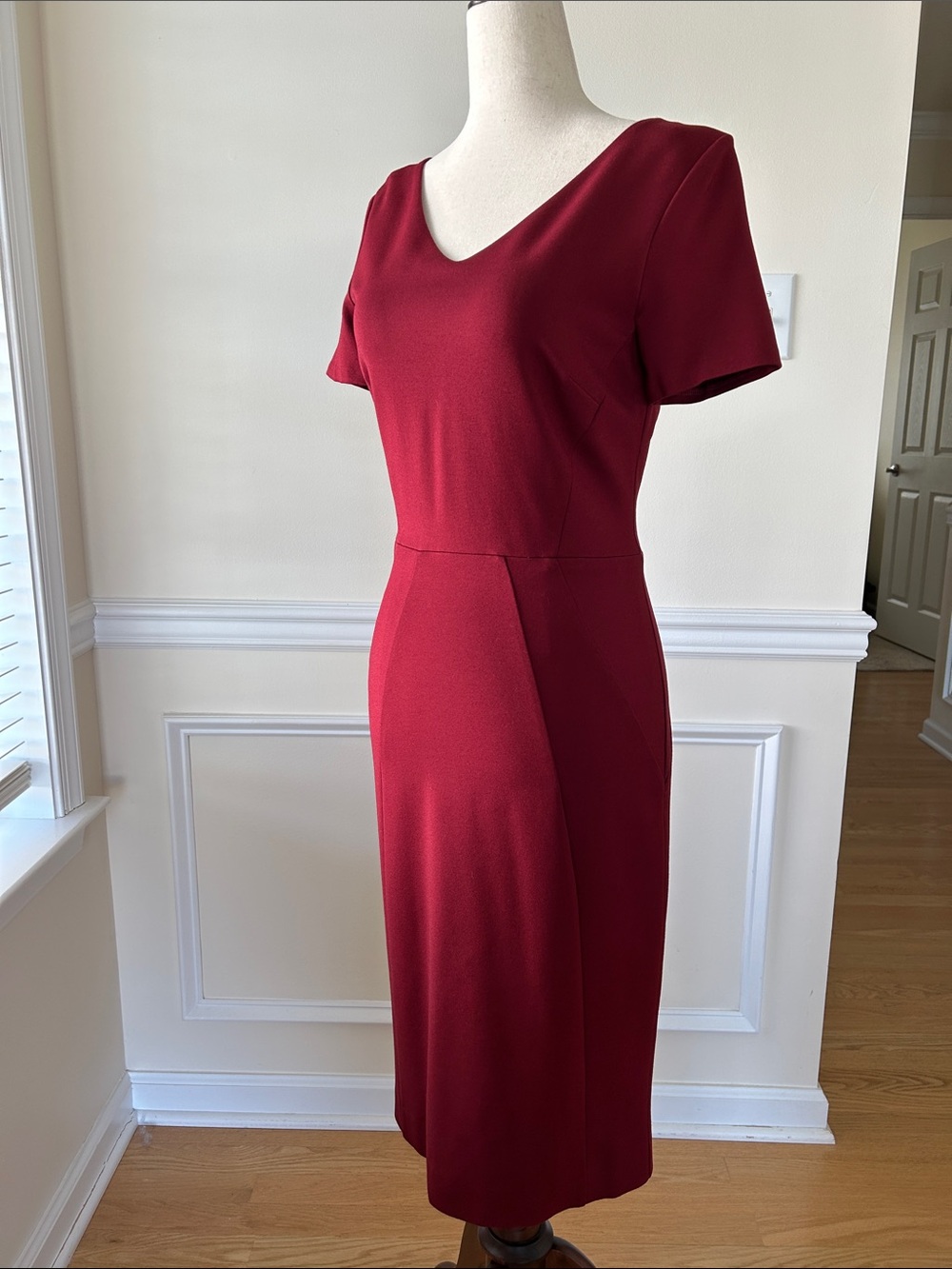 Brooks Brothers V-Neck Short Sleeve Midi Dress in Wine Red